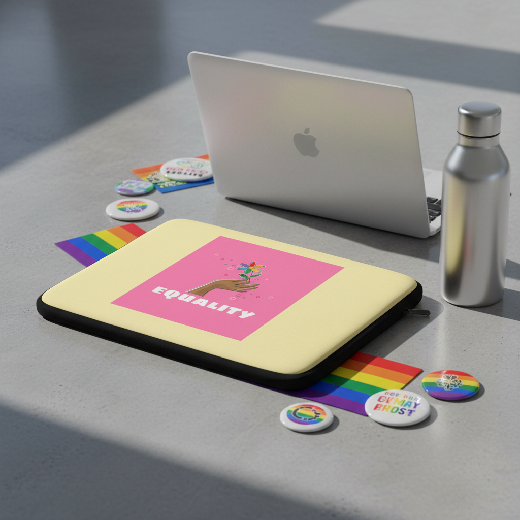 Equality Laptop Sleeve, metal water bottle, rainbow flags, and pride buttons on a sunlit gray table showing LGBTQ+ pride vibes.
