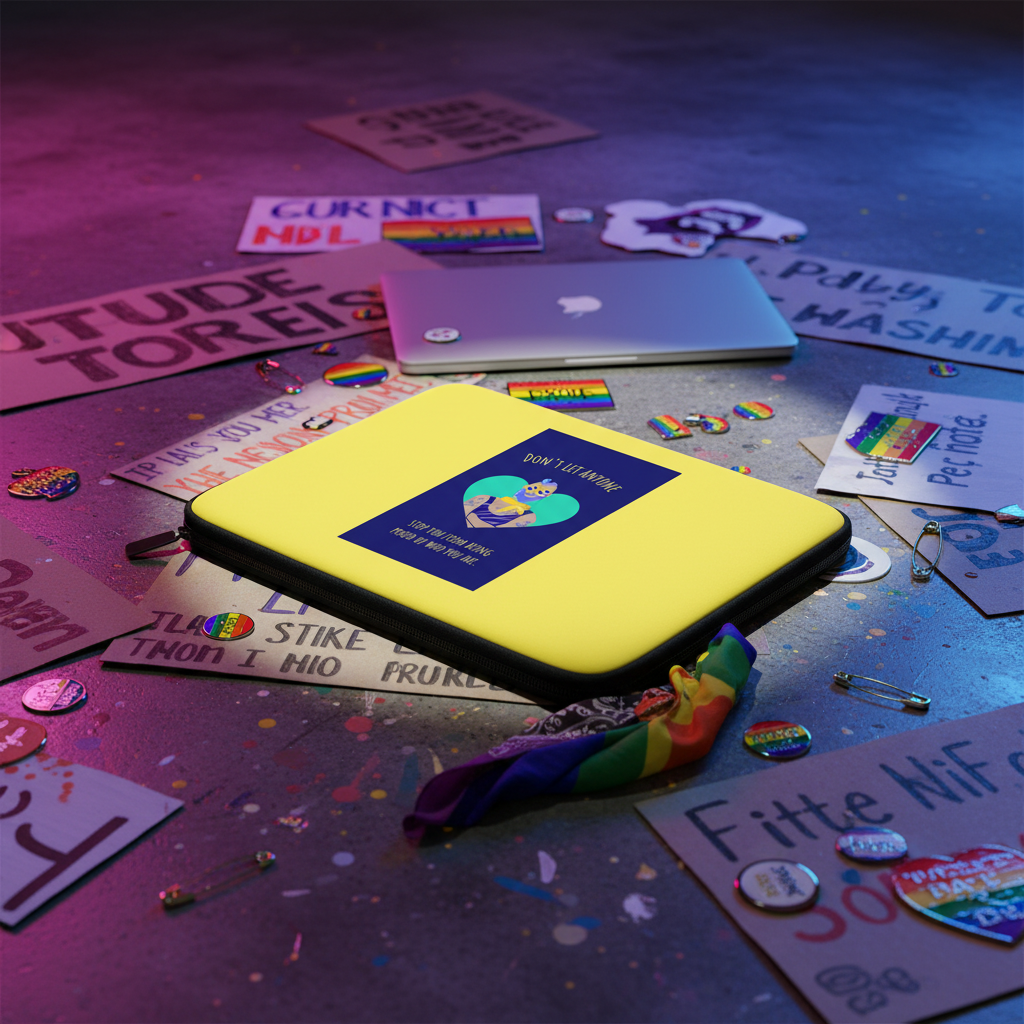 Yellow laptop sleeve says “Don't Let Anyone Stop You From Being Proud,” with a Trans Awareness heart, rainbow pins, LGBTQ+ badges.