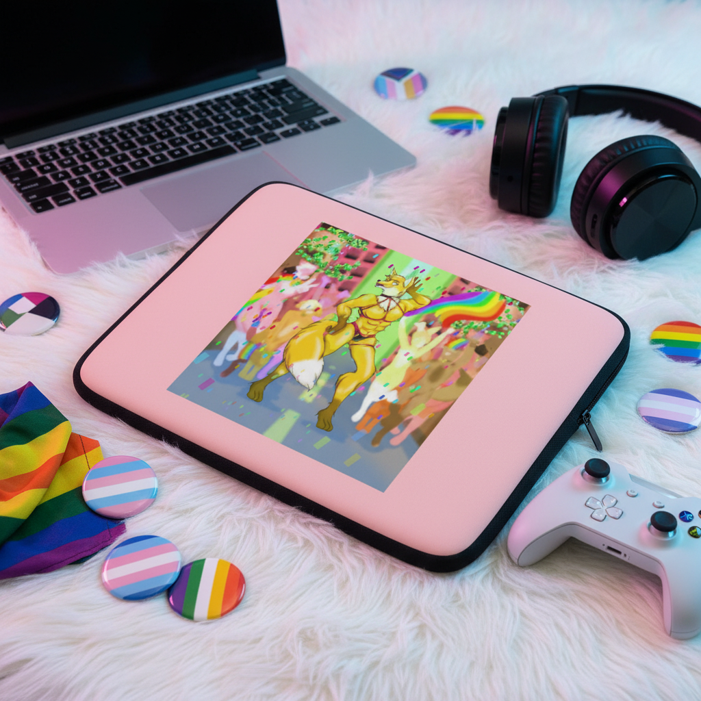 Gay Furry Pride laptop sleeve with bold unicorn and rainbow art, shown on white with a laptop, headset, controller, pins, and pride cloth.