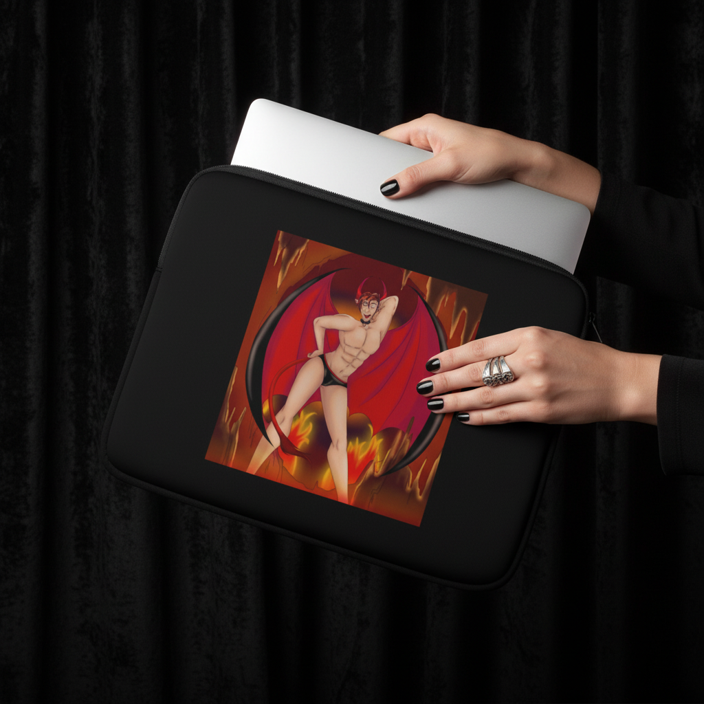 The Demon Of Homosexuality laptop sleeve holds a silver laptop; its bold art shows a buff demon with red wings on fiery background.