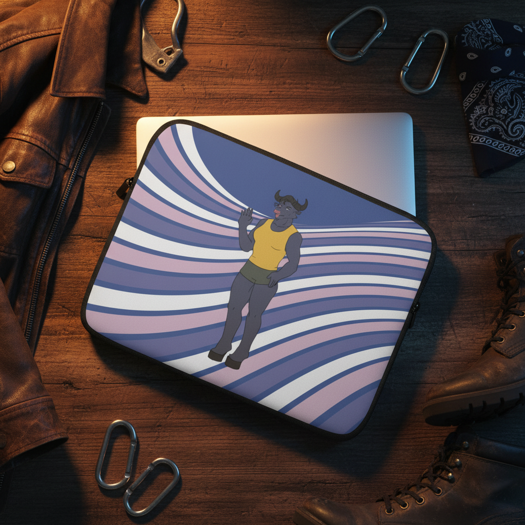 Neoprene laptop sleeve with a minotaur in yellow tank and shorts on wavy purple-white, plus leather jacket, boots, carabiners, bandana.