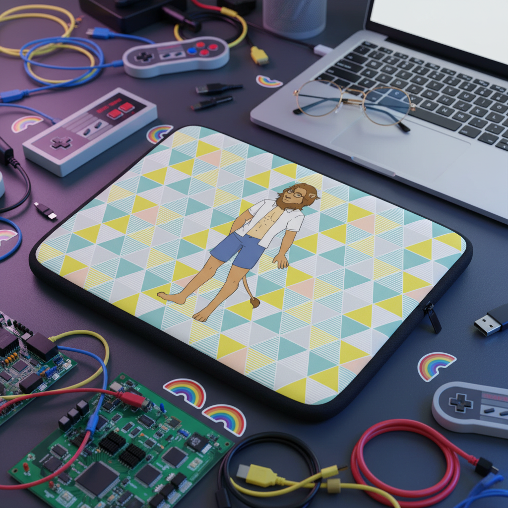 Gay Nerd laptop sleeve with a cartoon in shorts on pastel geometric background, rainbow stickers, retro controllers & cables.