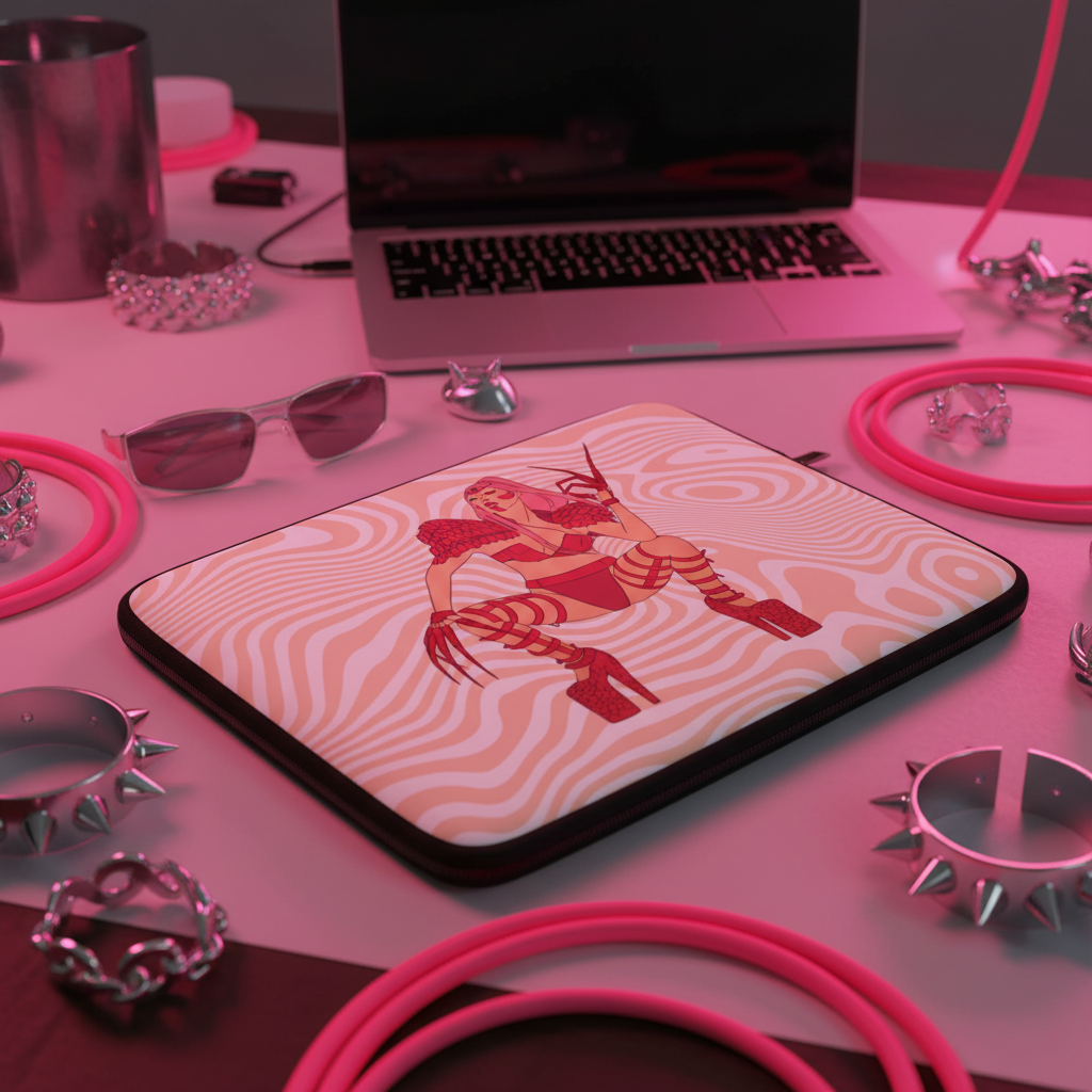Lady Gaga Chromatica laptop sleeve with bold art: woman in red boots and gloves at a pink-lit desk with sunglasses, laptop, cables.
