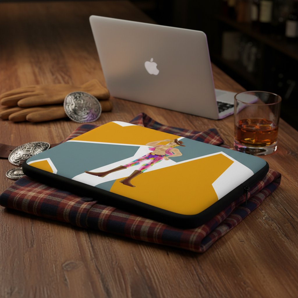 Gay Cowboy Laptop Sleeve with a vibrant runner motif, on plaid shirt, wooden table, MacBook, whiskey glass, gloves, buckles nearby.