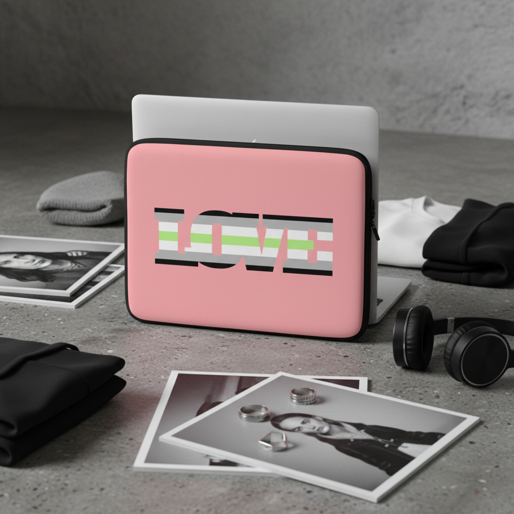 Agender Love laptop sleeve in pink neoprene with bold "LOVE" lettering and stripes, by a laptop, headphones, phone, and photos.