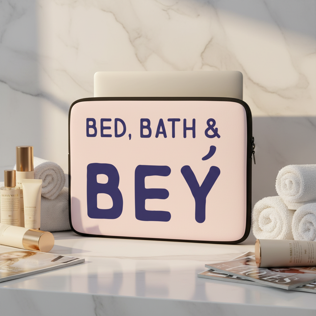 Bed, Bath & Bey laptop sleeve with bold dark blue lettering rests on marble, among skincare, rolled towels, and a mag in sunlight.