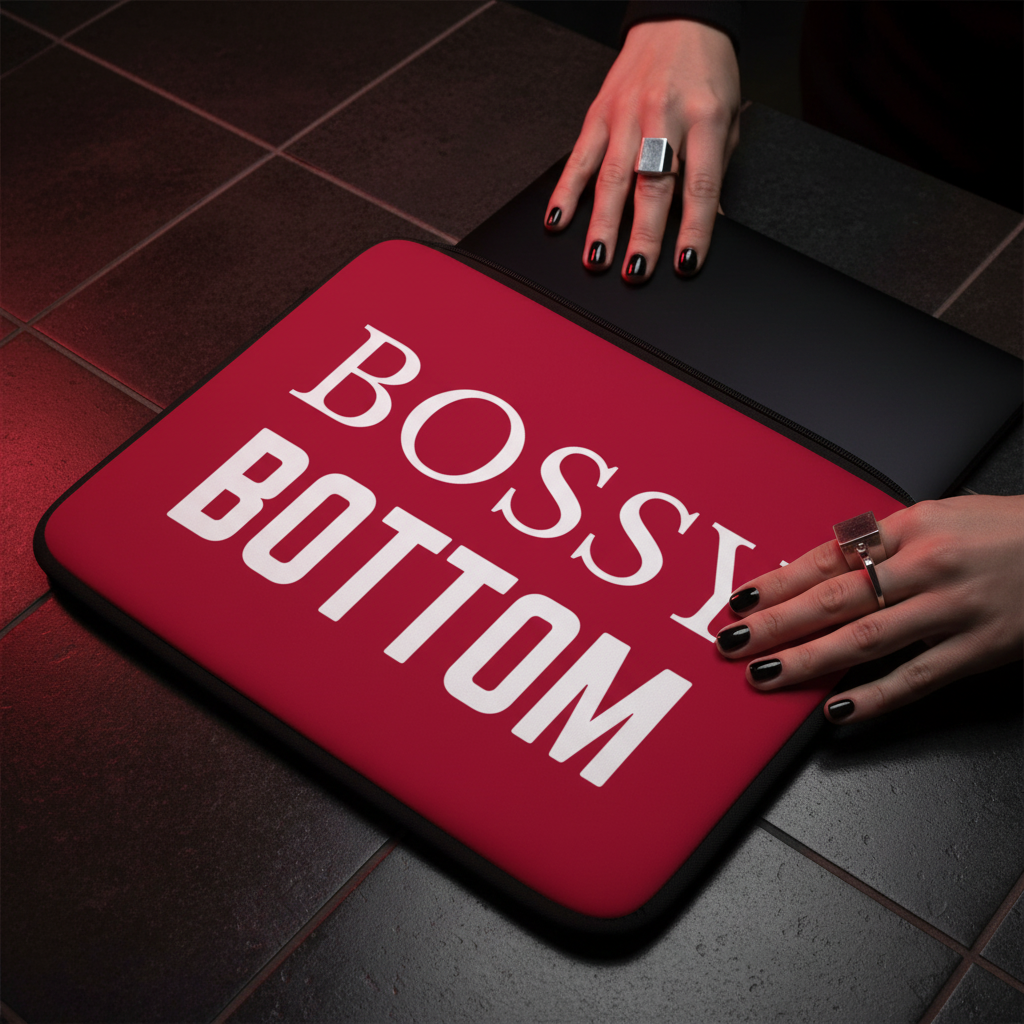 Bossy Bottom Laptop Sleeve with bold white text, shown under hands with black nail polish and silver rings on dark tiles.