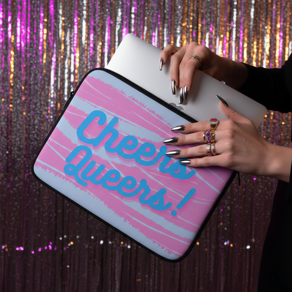 “Cheers Queers!” laptop sleeve in pastel pink and blue, held with metallic nails and pride rings, pops against silver tinsel sparkle.