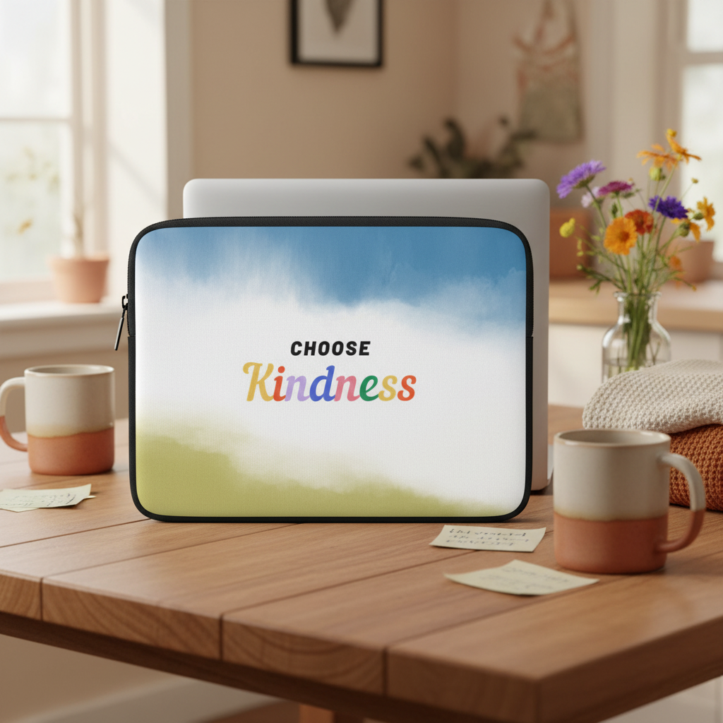 Laptop sleeve with bold black and rainbow “CHOOSE Kindness” text on a blue, white, and green gradient, on a sunlit table.