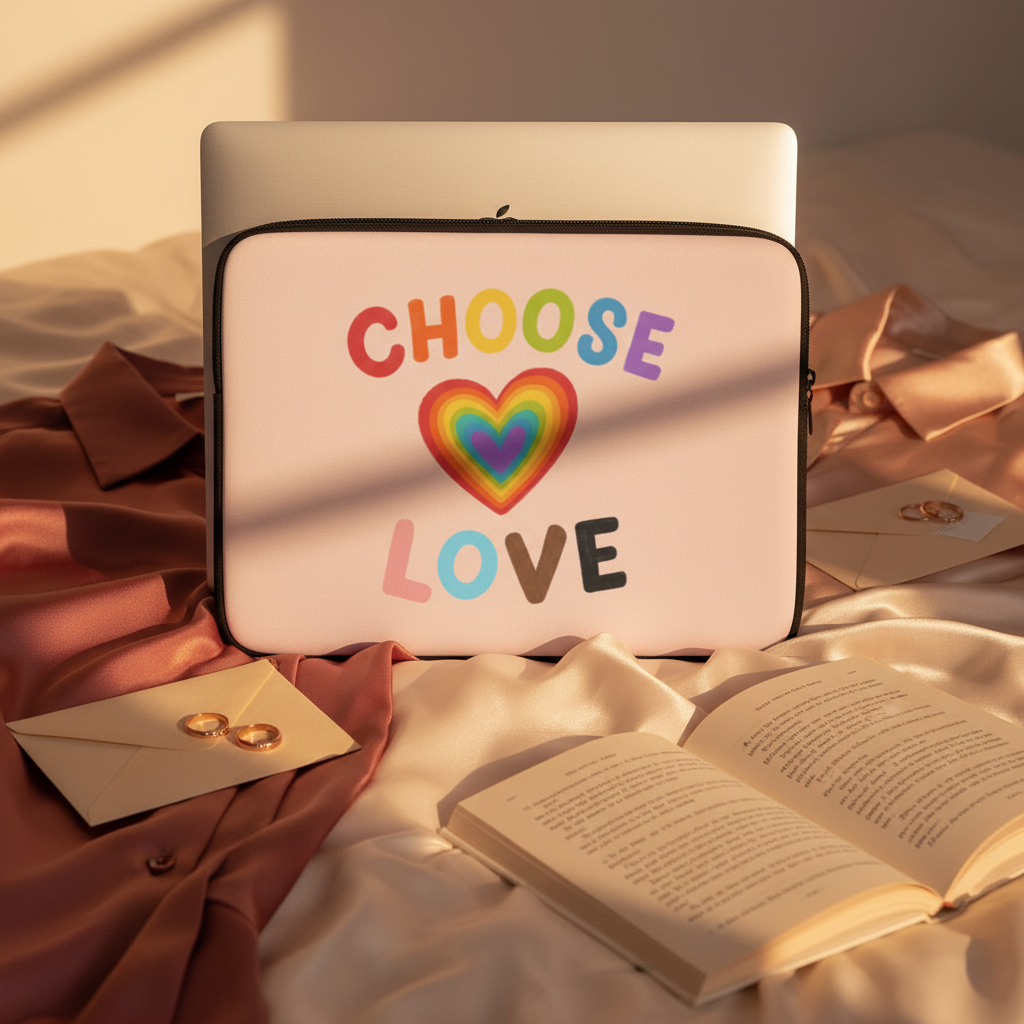 Laptop sleeve with a rainbow heart and “Choose Love” slogan on a bed, beside an open book, gold rings, envelopes, and rose fabric.