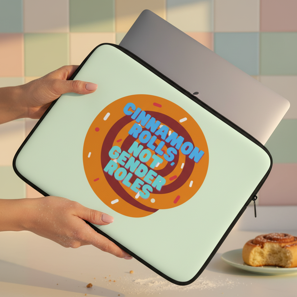 Cinnamon Rolls Not Gender Roles laptop sleeve in colorful design with rainbow-sprinkled cinnamon roll and bold blue slogan. Laptop nearby.
