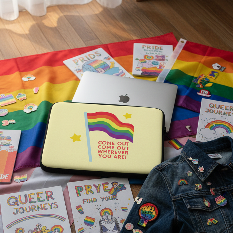 Laptops on a rainbow pride flag with queer books, buttons, stickers, and a “Come Out Come Out” sleeve; denim jacket with pride patches.