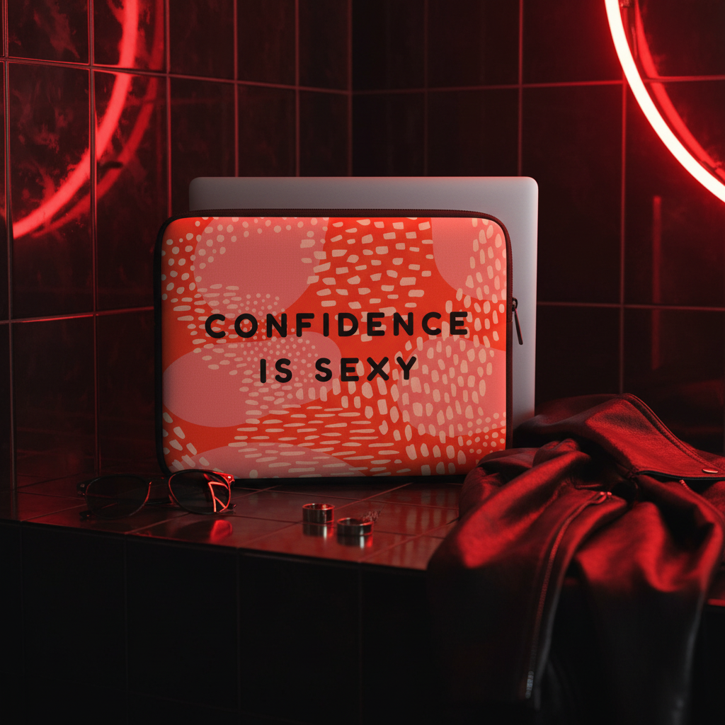 Laptop sleeve in bold red and pink with "Confidence Is Sexy" slogan, on black tiles near a leather jacket, rings, and sunglasses; neon glow.