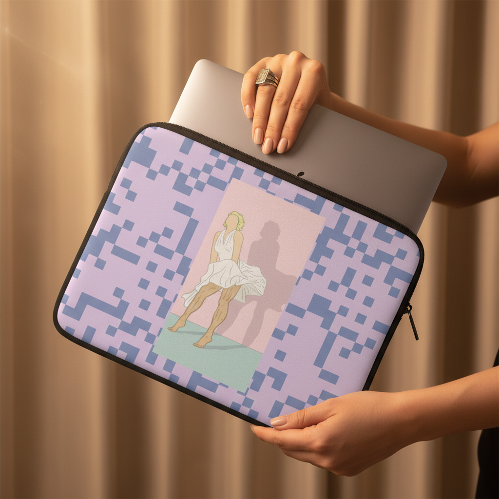 Daddy Monroe padded laptop sleeve rocks a pastel purple and blue pixel print with a Marilyn Monroe-inspired femme in a white dress.