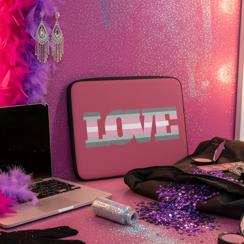 Demigirl Love Laptop Sleeve with bold “LOVE” text on a pink, glittery desk, shown with boas, earrings, sequins, and a tumbler.
