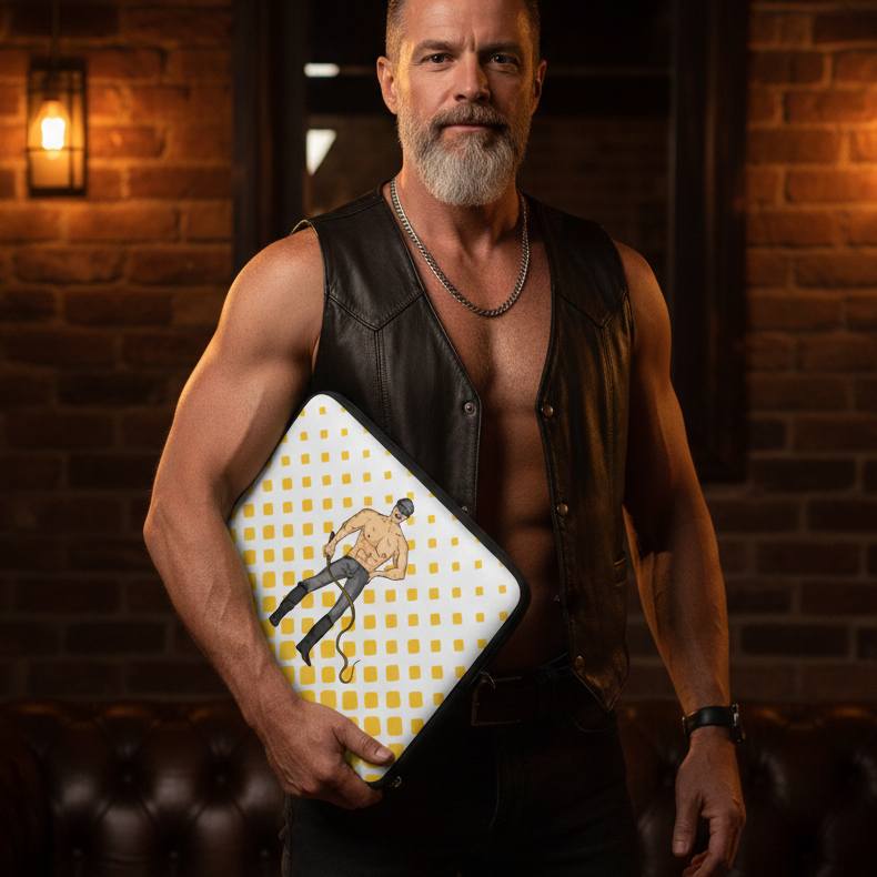 Dominant Daddy Laptop Sleeve with a cartoon shirtless man on yellow dots, held by a muscular, bearded guy in black leather.
