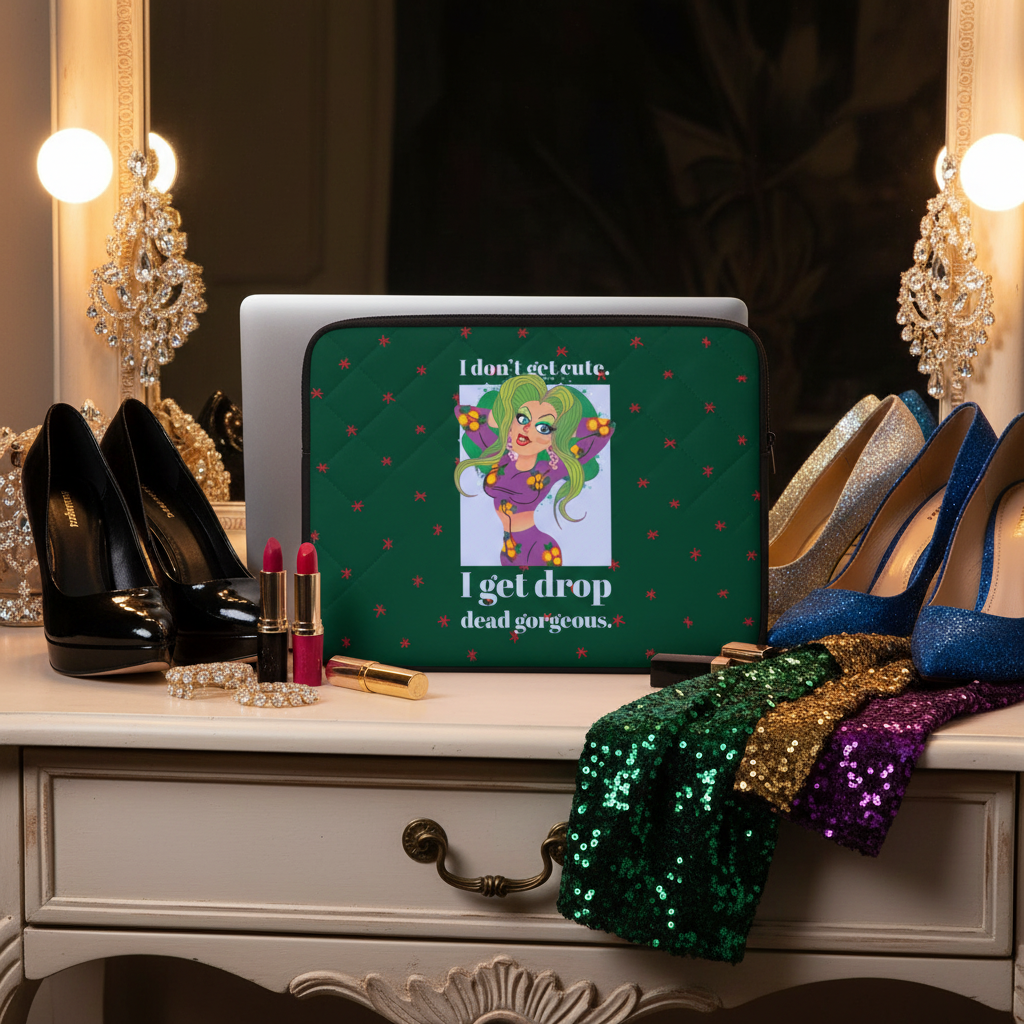 Drop Dead Gorgeous Laptop Sleeve with cartoon art and “I don’t get cute, I get drop dead gorgeous,” surrounded by heels, lipstick, and glittery outfits.