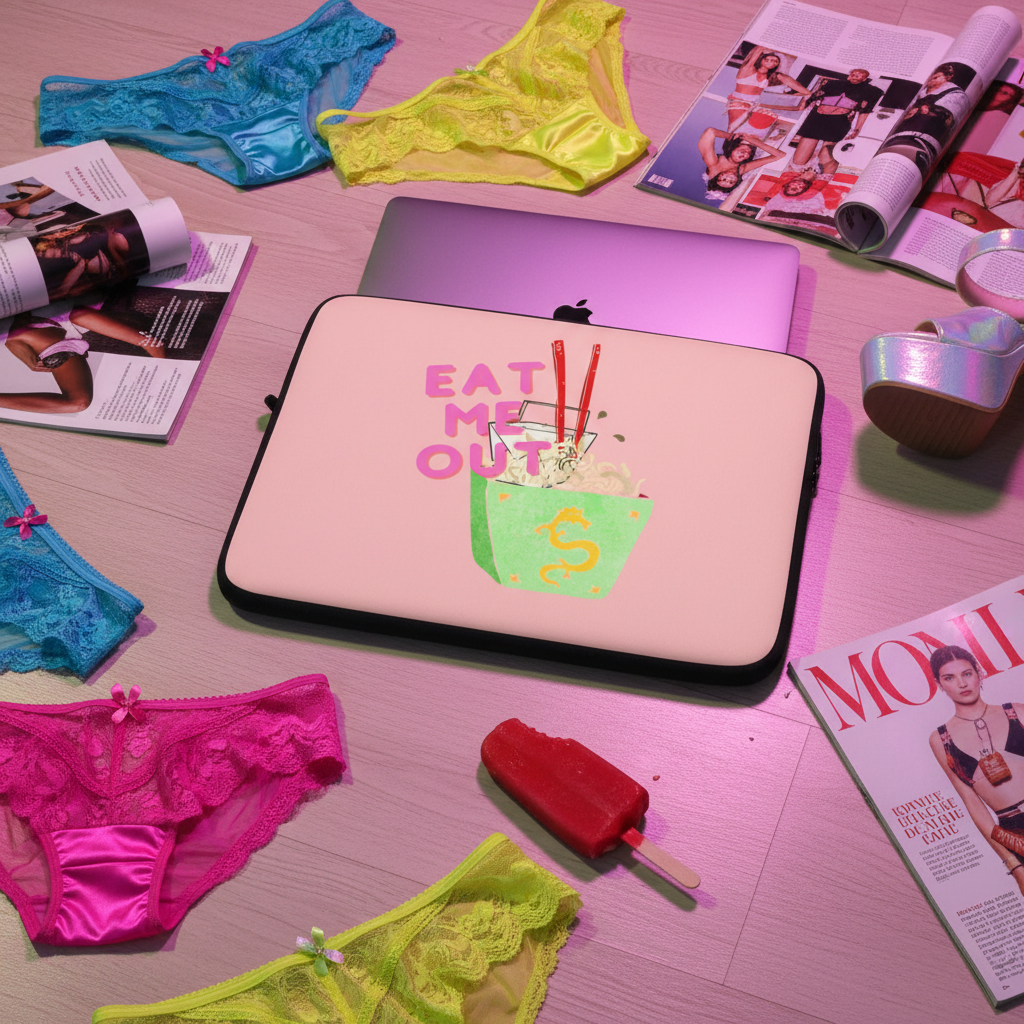 Laptop sleeve in pink neoprene with bold “Eat Me Out” text and a noodle bowl graphic, serving unapologetic queer joy for your MacBook.