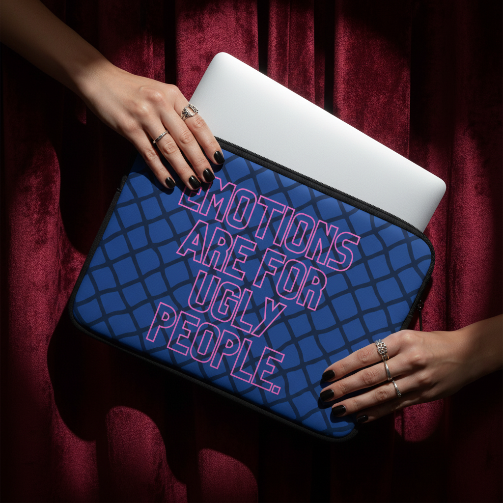 Laptop sleeve with bold pink "Emotions Are For Ugly People" text on blue neoprene grid, held by hands with black nails, silver rings; silver laptop peeks out, red curtain backdrop.