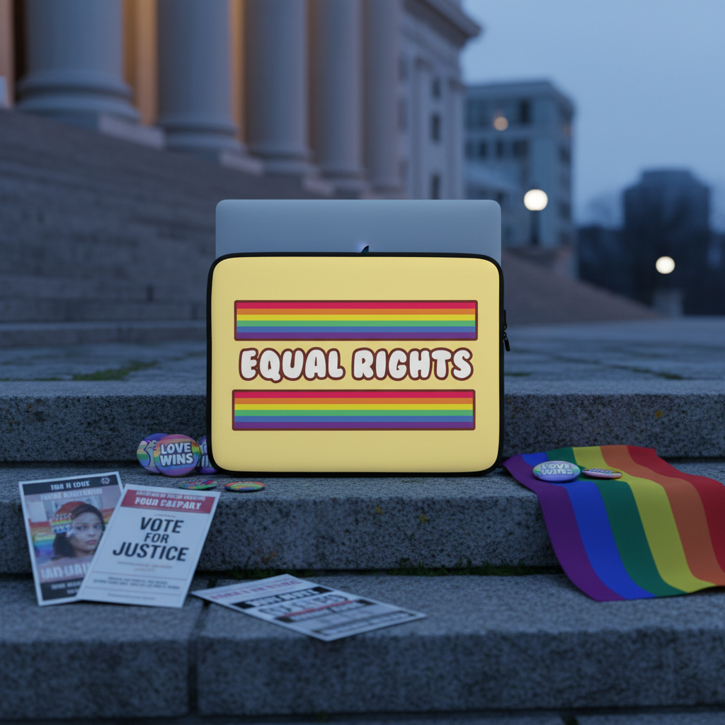 Yellow laptop sleeve with bold rainbow stripes and “EQUAL RIGHTS” text, on stone steps with queer pride buttons, flag, and flyers.