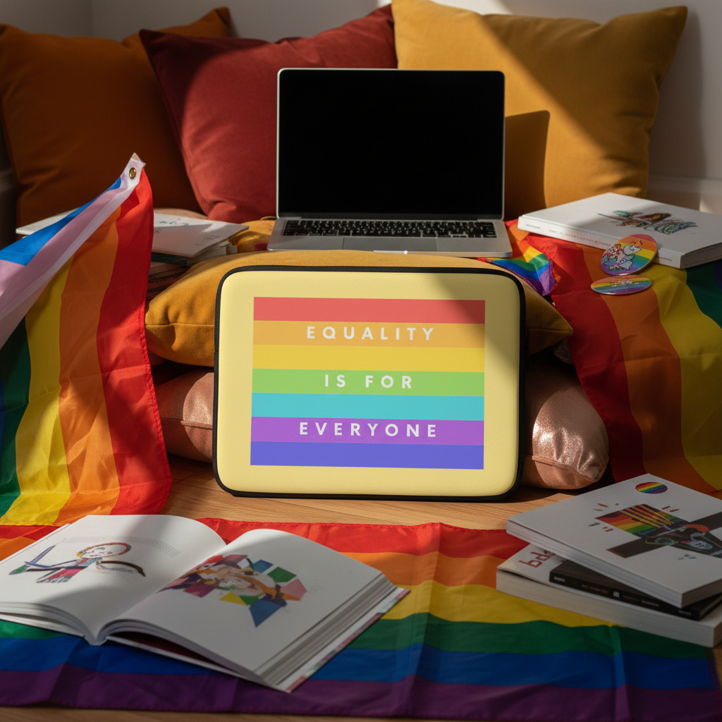 Tablet and matching "Equality is for Everyone" laptop sleeve, both with rainbow stripes, among pride flags, books, and bright cushions.