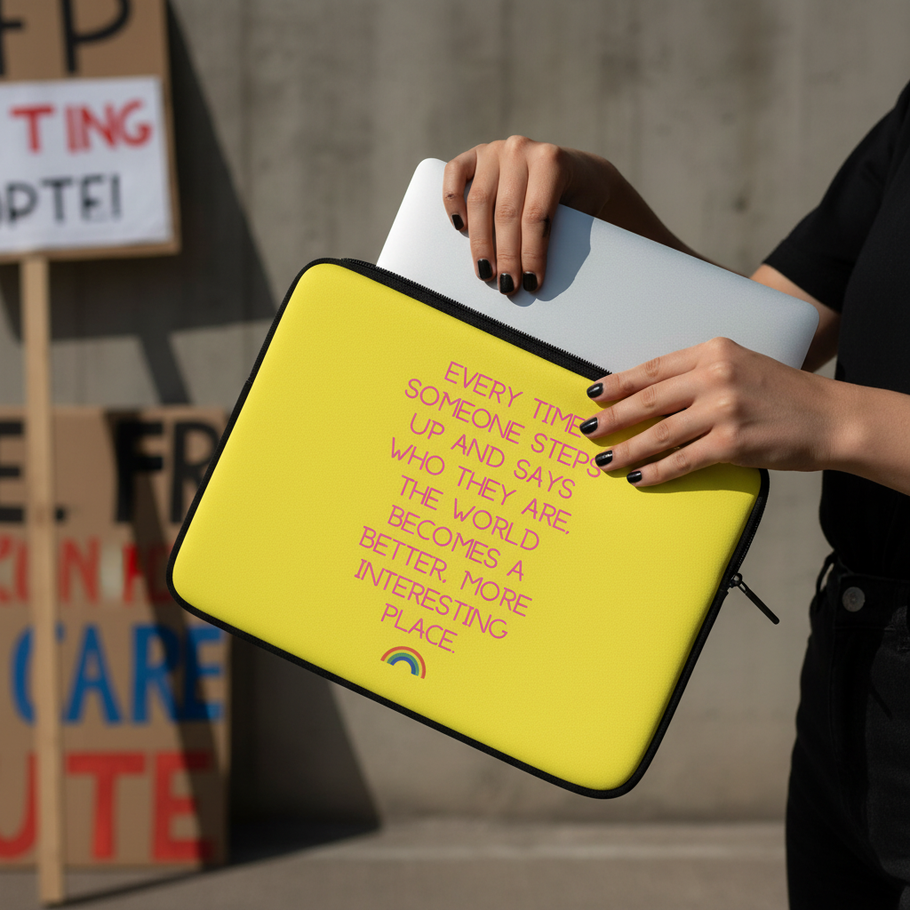 Yellow "Every Time Someone Steps Up" laptop sleeve with bold pink lettering and pride flag colors, held by a queer person; protest signs line a concrete wall in the background.