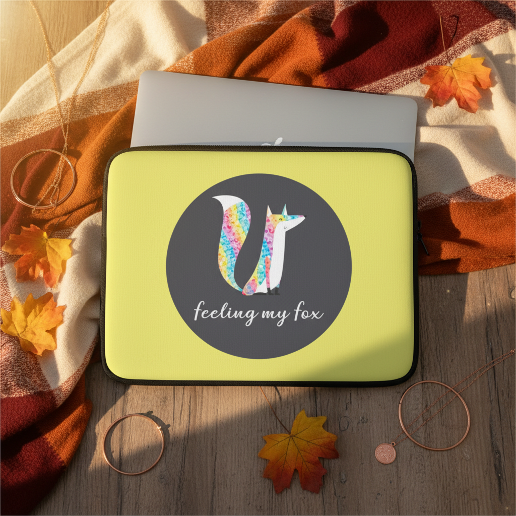 Yellow neoprene laptop sleeve with a vibrant, patterned fox and "feeling my fox" slogan, beside laptop, autumn leaves, glasses.