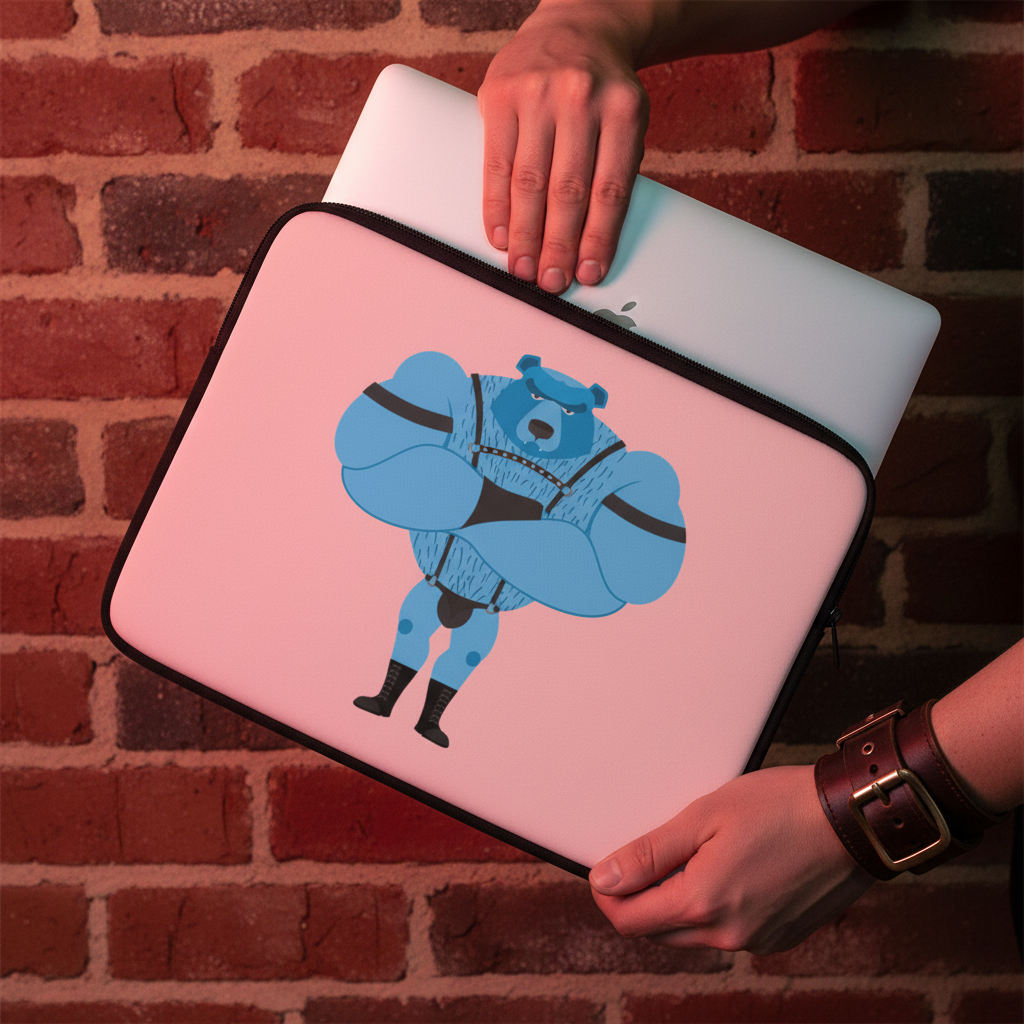 Fetish Gay Bear laptop sleeve with a blue buff bear cartoon striking a tough pose on red brick, worn by person with leather-strap watch.