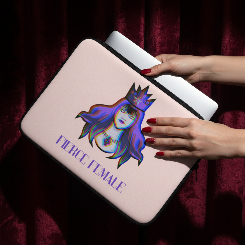Fierce Female Laptop Sleeve in light pink neoprene, with "FIERCE FEMALE" slogan, blue-purple haired crowned woman; red nails, velvet curtain.