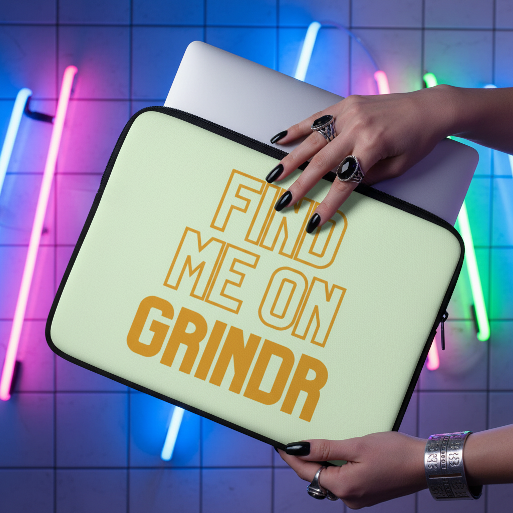 Find Me On Grindr Laptop Sleeve with bold yellow text, held by someone with black nails and silver rings. Neon lights glow nearby.