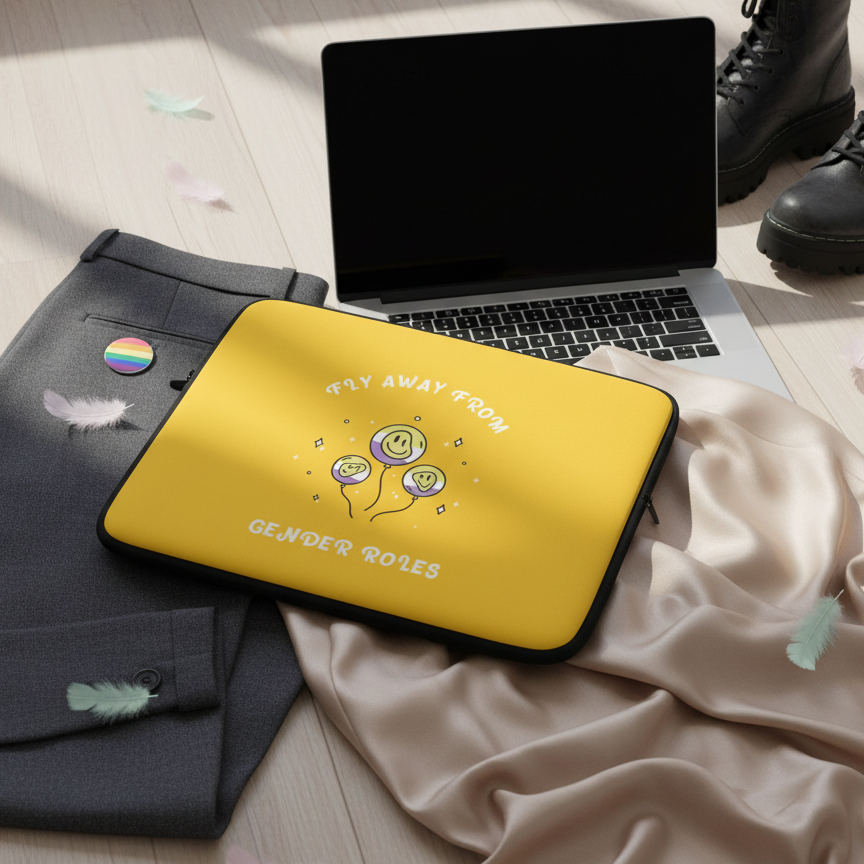 Yellow “Fly Away From Gender Roles” laptop sleeve with gender-neutral figures and stars, on satin by gray suit with rainbow pin, boots, laptop, pastel feathers.