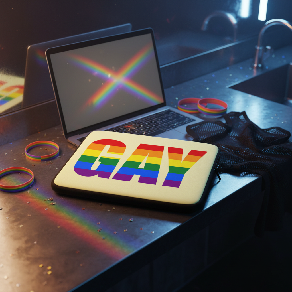 Gay Laptop Sleeve features “GAY” in rainbow colors beside a laptop, with rainbow wristbands, confetti, mesh shirt, and pride light.