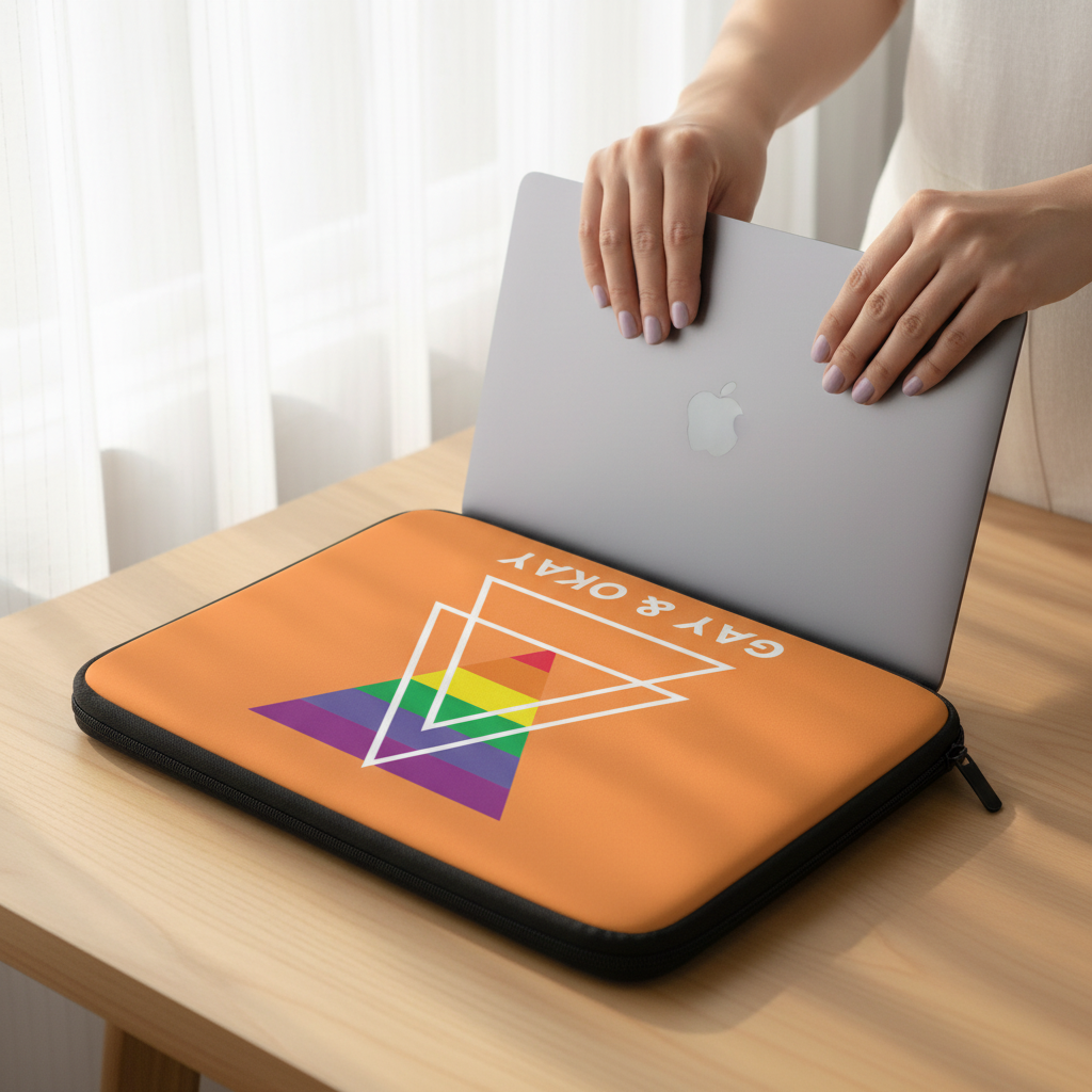 Gay & Okay neoprene laptop sleeve with a rainbow geometric triangle and “GAY & OKAY” in white, holding a silver MacBook on wood table.