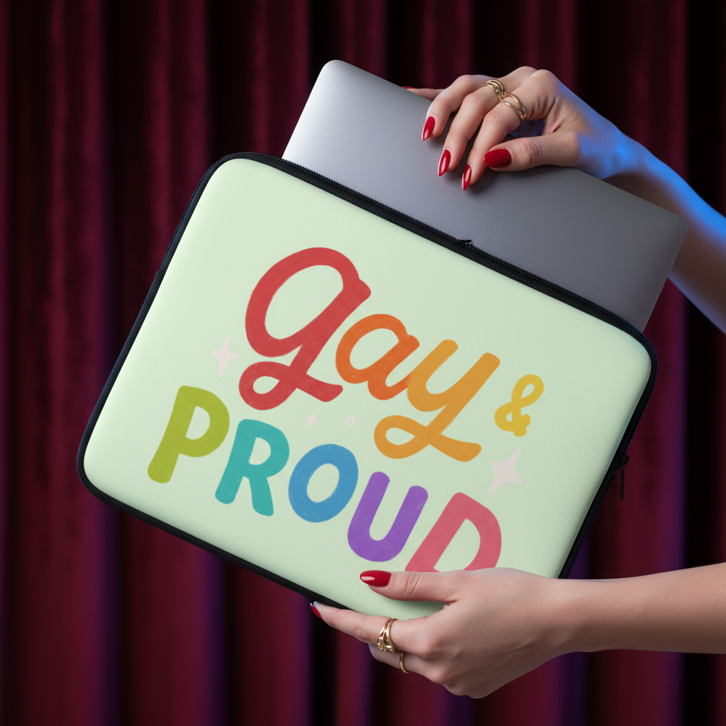 Gay & Proud Laptop Sleeve in pastel green, held by red-polished nails, features bold rainbow “Gay & Proud” text with star accents.