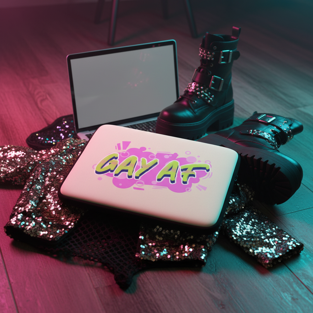 Gay AF Laptop Sleeve and closed laptop with “GAY AF” sticker, on sequins with chunky black boots, fishnets, pink-blue queer lighting.