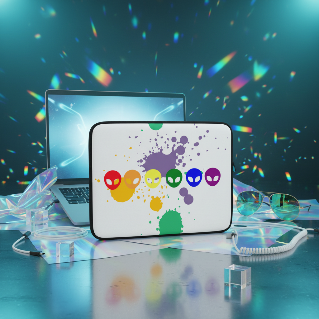 Laptop sleeve with six rainbow alien faces and bold paint splatters, shown by a laptop, sunglasses, cables, and holo accents on teal.
