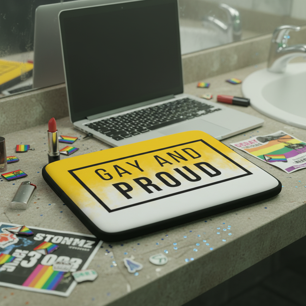 Gay And Proud neoprene laptop sleeve in bold yellow and white sits on a sink counter with LGBTQ+ stickers, rainbow pins, lipstick, and pamphlets nearby. A mirror and sink are seen behind.
