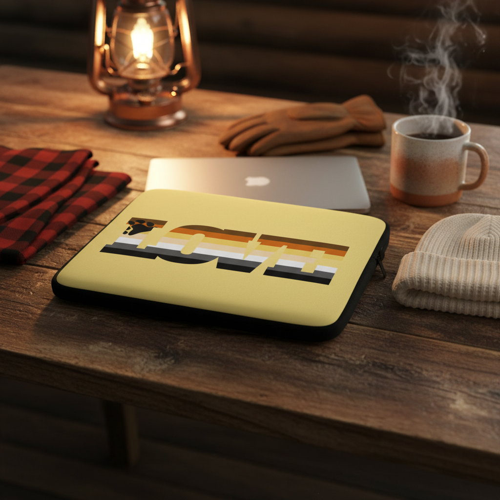 Gay Bear Love laptop sleeve with a bold pride flag design sits on a rustic wooden table among cozy winter gear and plaid.