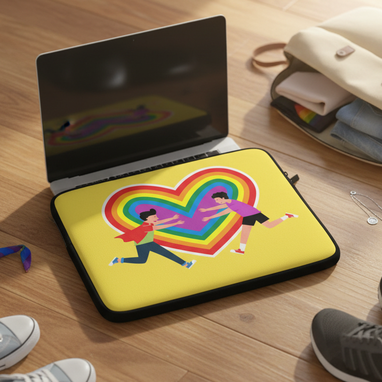 Yellow water-resistant Gay Couple laptop sleeve with a rainbow heart and two kids reaching out, on wood floor by laptop and sneakers.