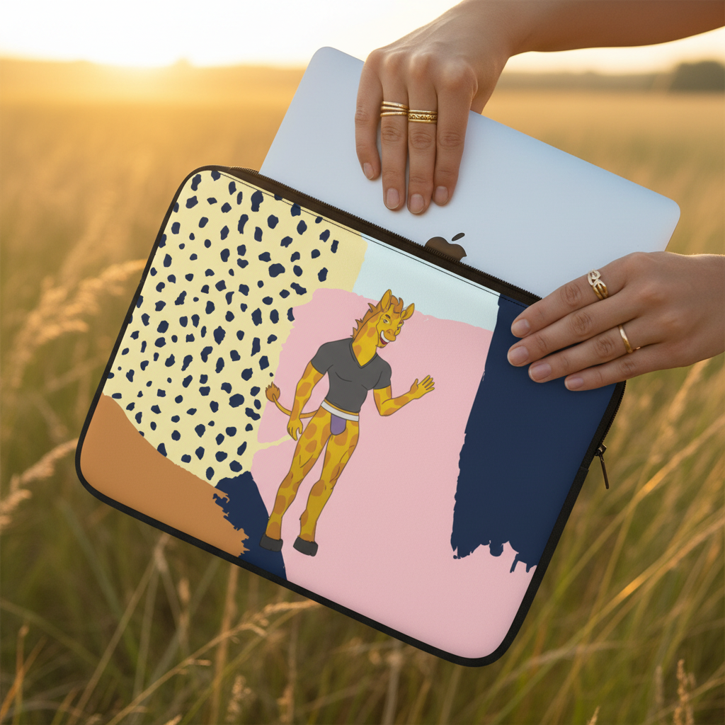 Gay Giraffe Laptop Sleeve with a cartoon giraffe in t-shirt and shorts, set in beige, navy, pink, and brown patterns; sunset field.