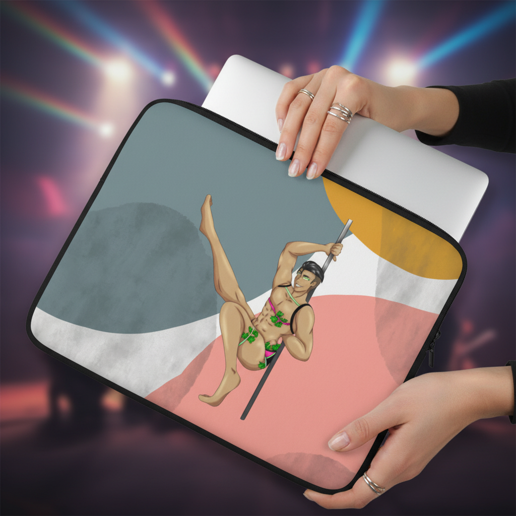 Gay Gogo Dancer Laptop Sleeve shows a pole dancer in a floral swimsuit on bold, abstract shapes, leg up amid blurred stage lights.