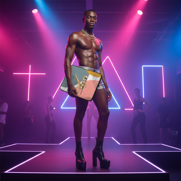 Gay Gogo Dancer Laptop Sleeve with dancing person art, held by a muscular man in metallic shorts and heels on neon-lit stage, bold colors.