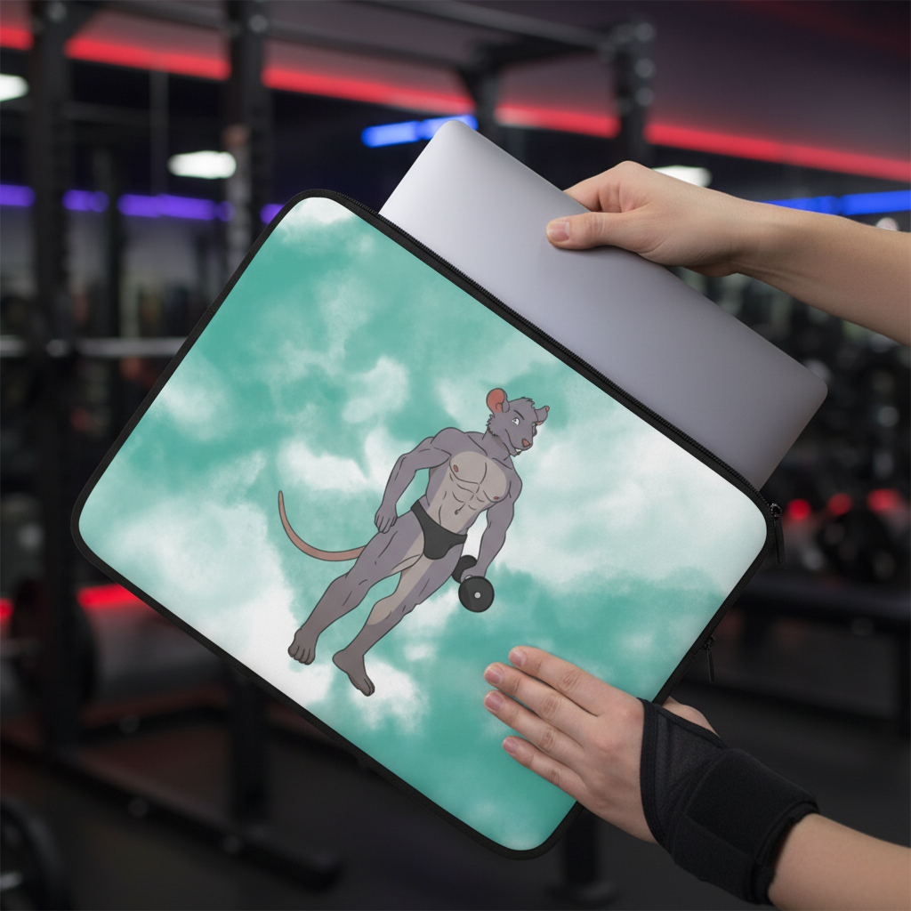 Gay Gym Rat Laptop Sleeve with a buff mouse in black shorts lifting a dumbbell, on cloudy teal, gym blur behind.
