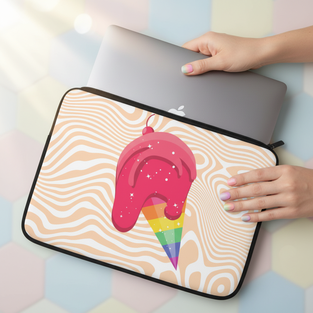 Gay Icecream Laptop Sleeve with a pink, rainbow-dripping cone on wavy beige, held as a silver laptop slides in over pastel tiles.