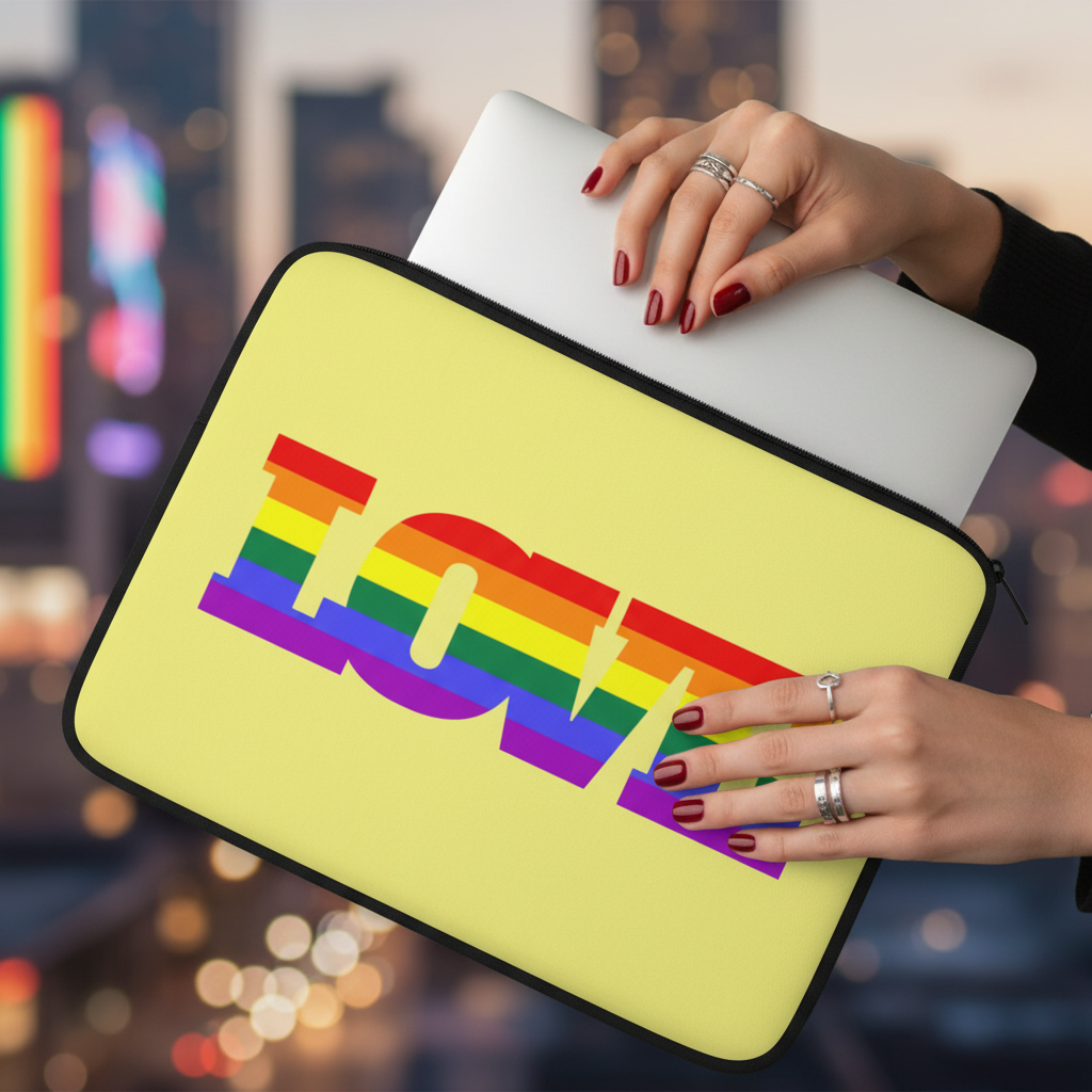 Gay Love Laptop Sleeve with "LOVE" in bold rainbow stripes, held by manicured hands; rainbow-lit cityscape glows behind.