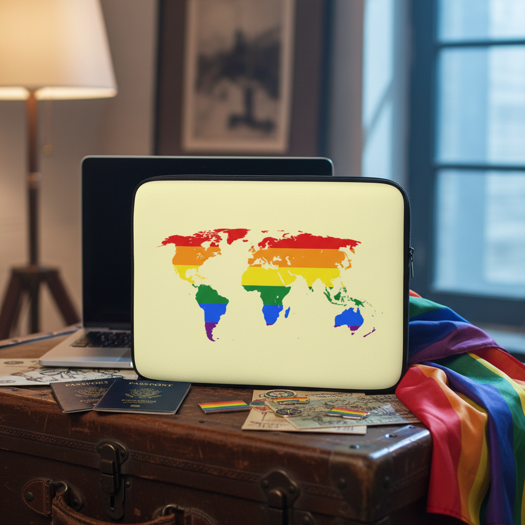 Gay Map Laptop Sleeve with a rainbow world map sits on a vintage trunk, flanked by passports, photos, and a rainbow pride flag.