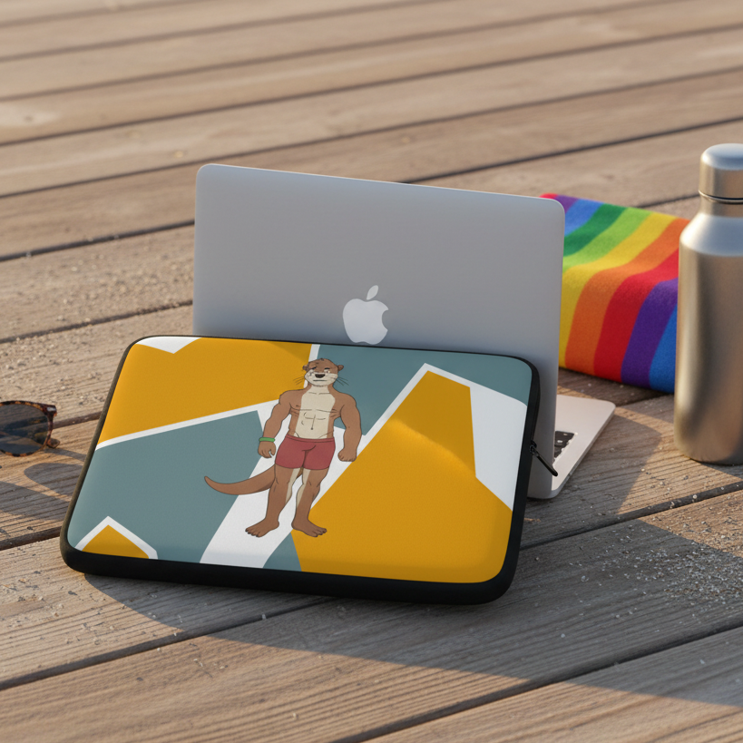 Water-resistant Gay Otter laptop sleeve flaunts a cartoon buff otter in red shorts on yellow-teal geometric print, with rainbow towel.