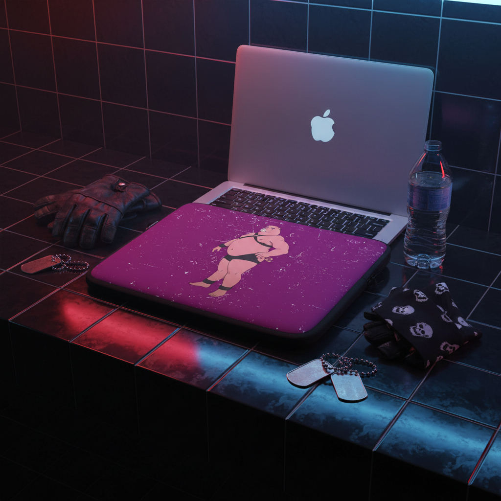 Waterproof neoprene Gay Pig laptop sleeve with a cartoon hippo, MacBook, black gloves, skull bandana, and queer dog tags under moody blue-red light.