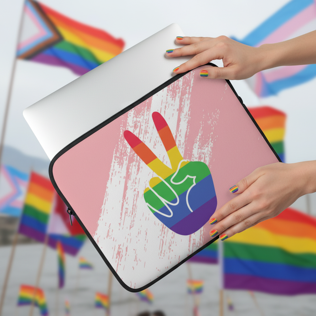 Gay Pride Laptop Sleeve—pink faux fur with a rainbow peace sign hand—held by rainbow-nailed fingers; Pride and trans flags behind.