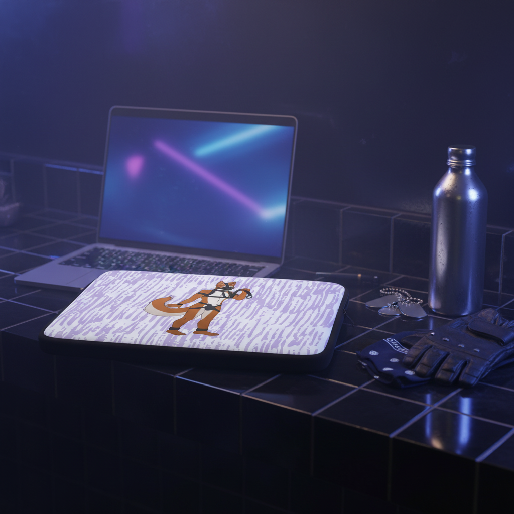 Gay Pup Laptop Sleeve with bold colors sits on a black tiled counter in neon blue and purple light, near a laptop, tablet sporting a cartoon fox sticker, black gloves, metallic water bottle, and keychain.